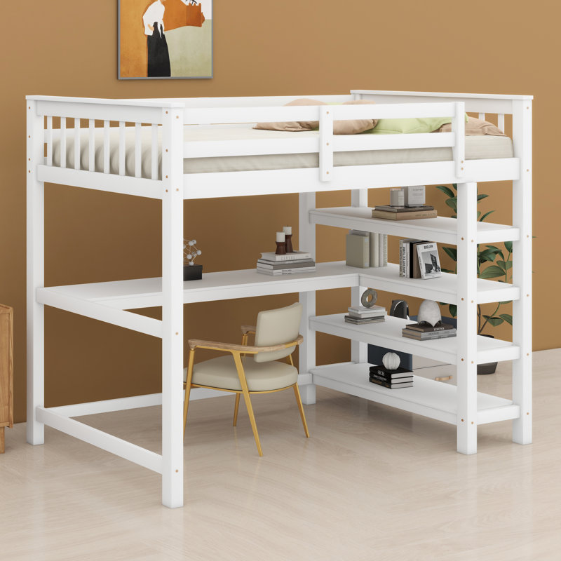 Lit mezzanine avec tablettes de rangement et bureau sous le lit, Blanc, Lit double