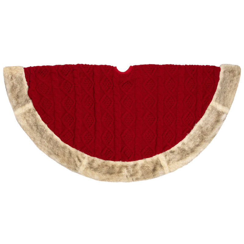 Red Cable Knit Christmas Tree Skirt with Faux Fur Trim - 48 Inch