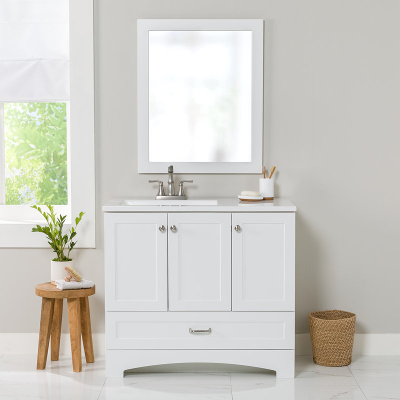 Emlyn 36" Single Bathroom Vanity with 2 Cabinets, 1 Drawer, and Cultured Marble Vanity Top, White