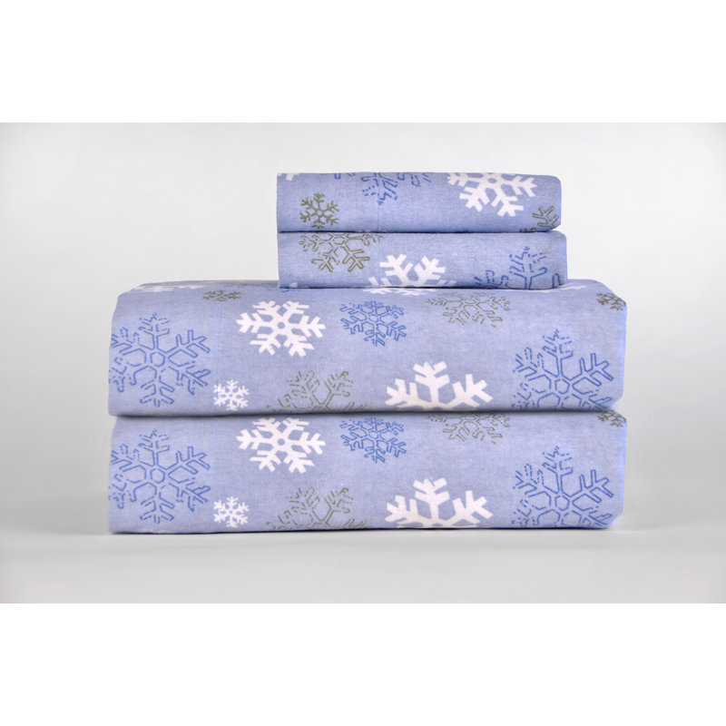Full Snowflake Blue Cotton Flannel Sheet Set