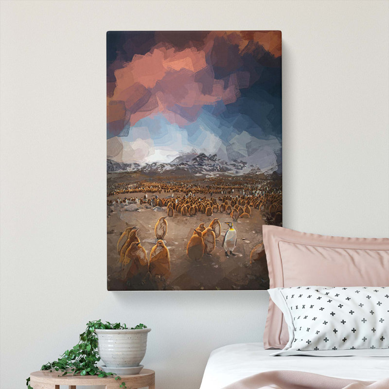 King Penguins & Mountains In Abstract - Wrapped Canvas Print, 60cm H x 40cm W x 3cm D