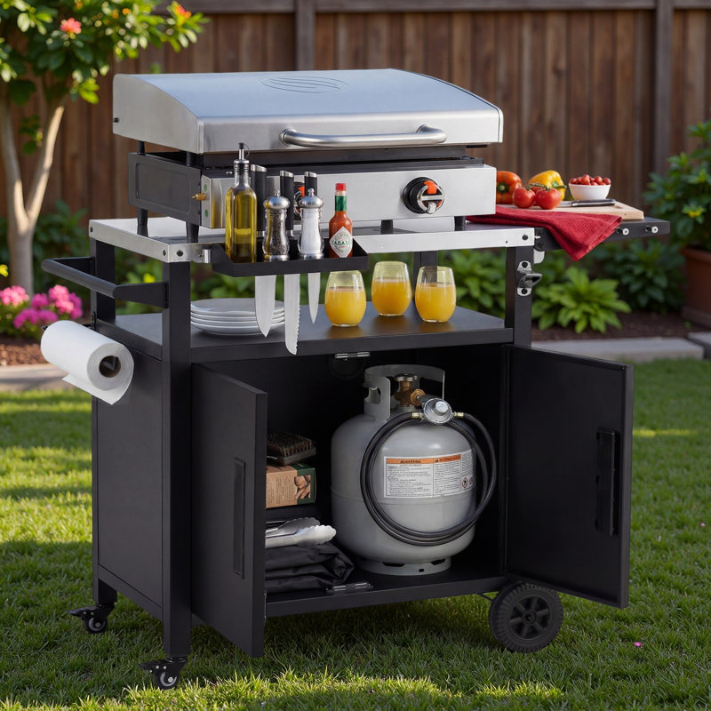 Outdoor Grill Cart Kitchen Island With Storage Cabinet, Foldable Table, Wheels, Stainless Steel Top, Hooks, Spice Rack And Waterproof Cover