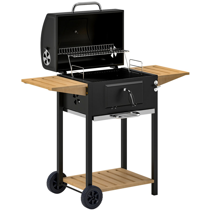 Barbecue au charbon noir de 245 pouces carrés avec fonction de grille de réchaud, hauteur de lit réglable, thermomètre monté sur le couvercle, tablette latérale et inférieure, barbecue facile à retirer des cendres: surface de cuisson, à garder