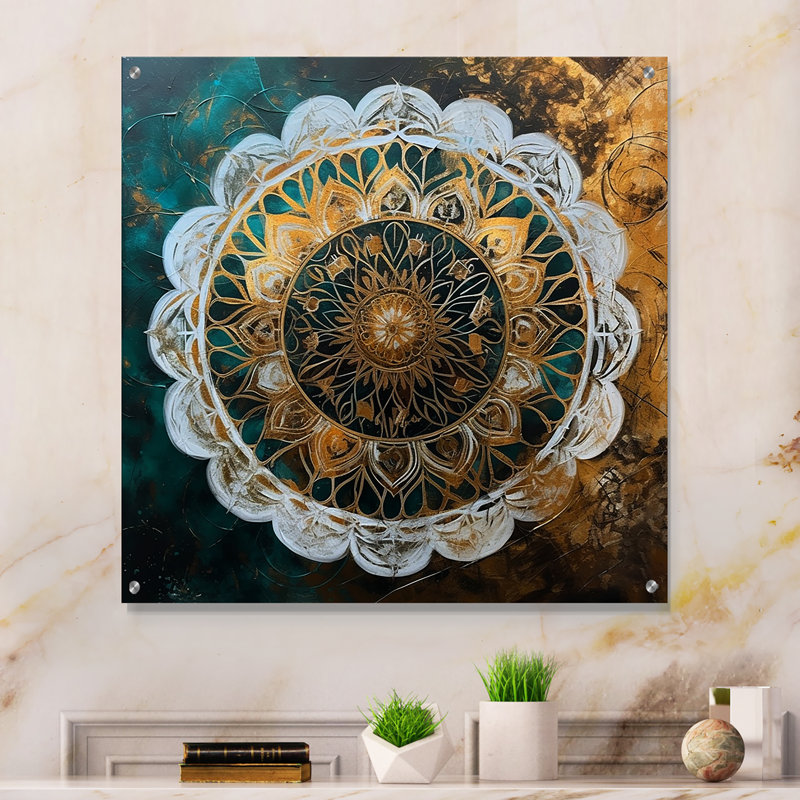 Art mural acrylique bleu sarcelle et mandala I - Boho Mandala, H 36 po x l 36 po