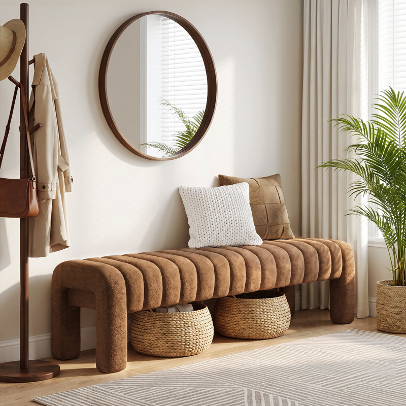 Banc rembourré sans dossier Oyan, Bouclette brune, H 17 po x l 63 po x P 17,3 po