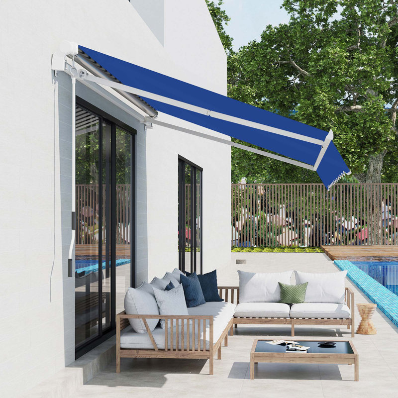 Auvent rétractable pour terrasse 8 pi x 7 pi Outsunny, H 9 po x l 98,4 po x P 78,75 po, Bleu