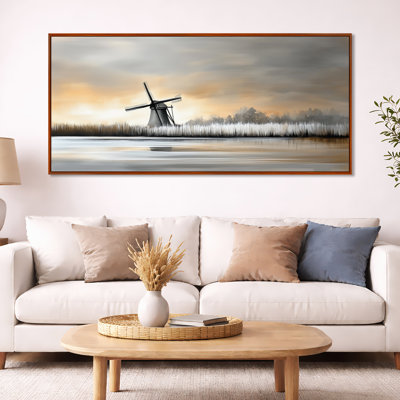 Blanc, jaune, hiver, coucher de soleil, moulin à vent - impressions sur toile, art mural nordique encadré