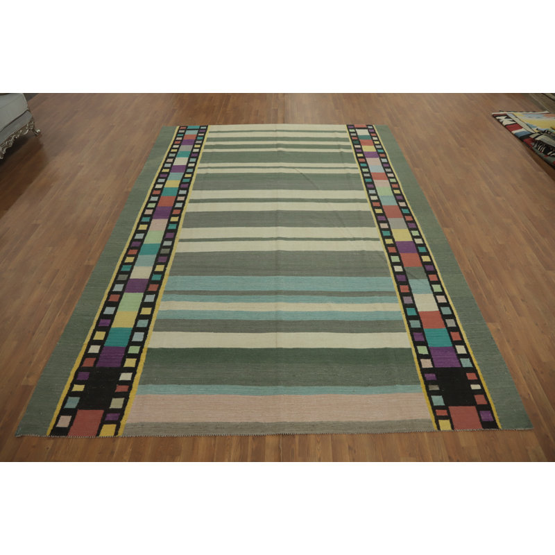 Tapis rayé vert kilim à teinture végétale 9 x 12