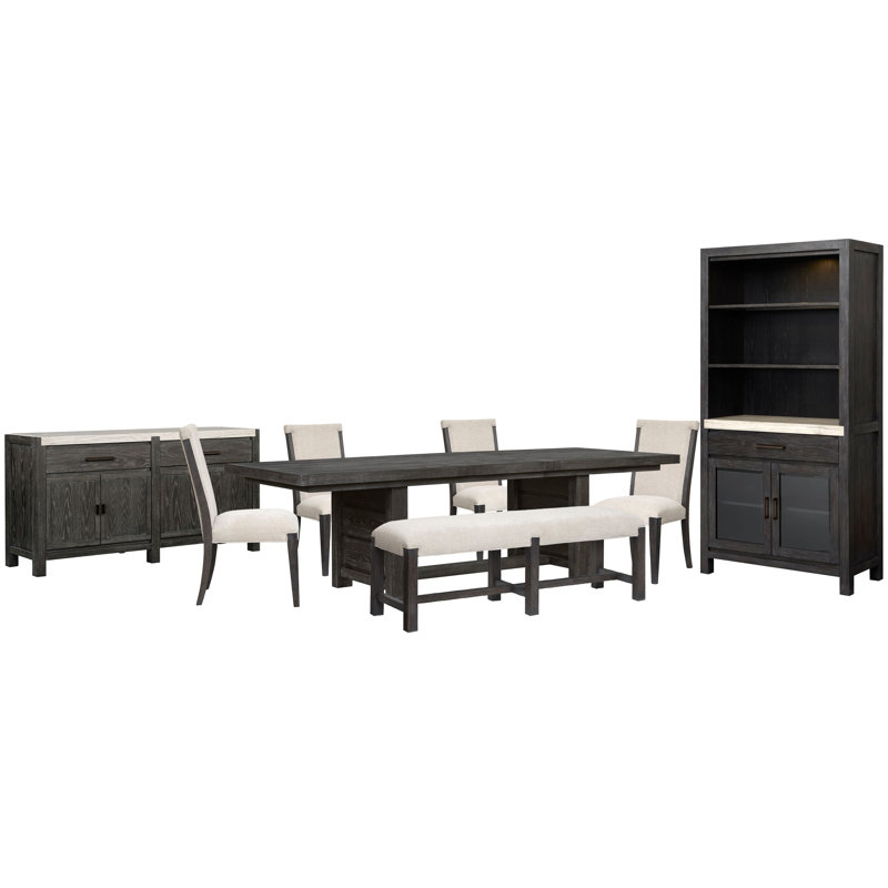 Table de salle à manger extensible à tréteaux avec 4 chaises d'appoint rembourrées et banc de présentation