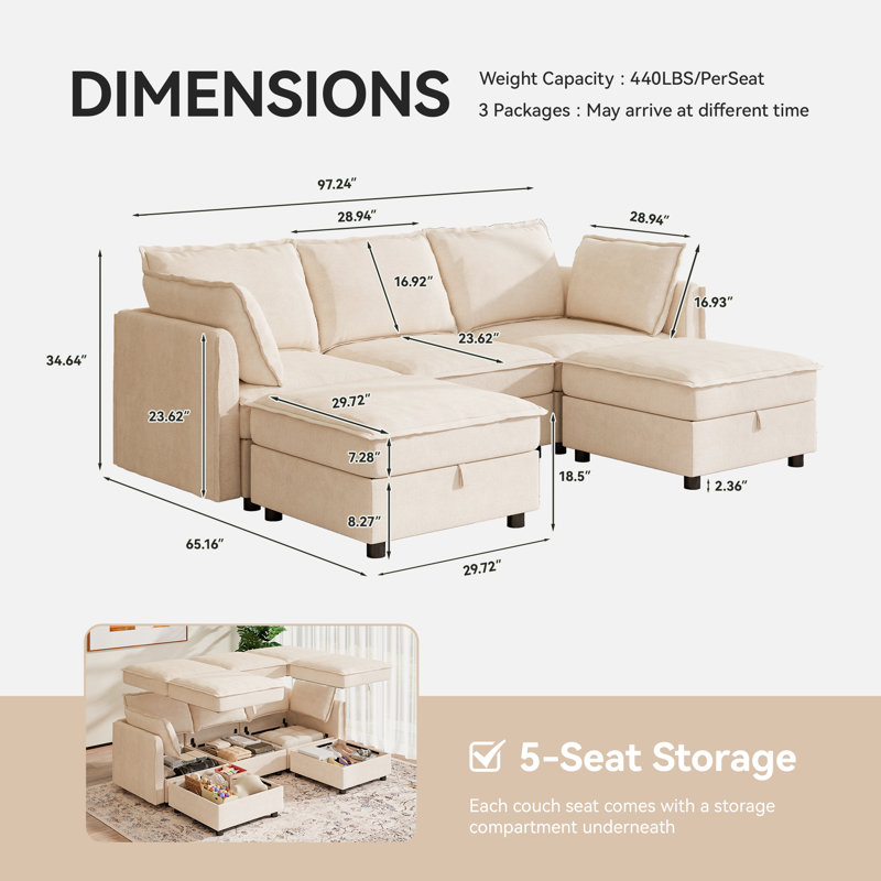 Canapé modulaire en U avec rembourrage en U en chenille 97,2 po Keswick, Beige