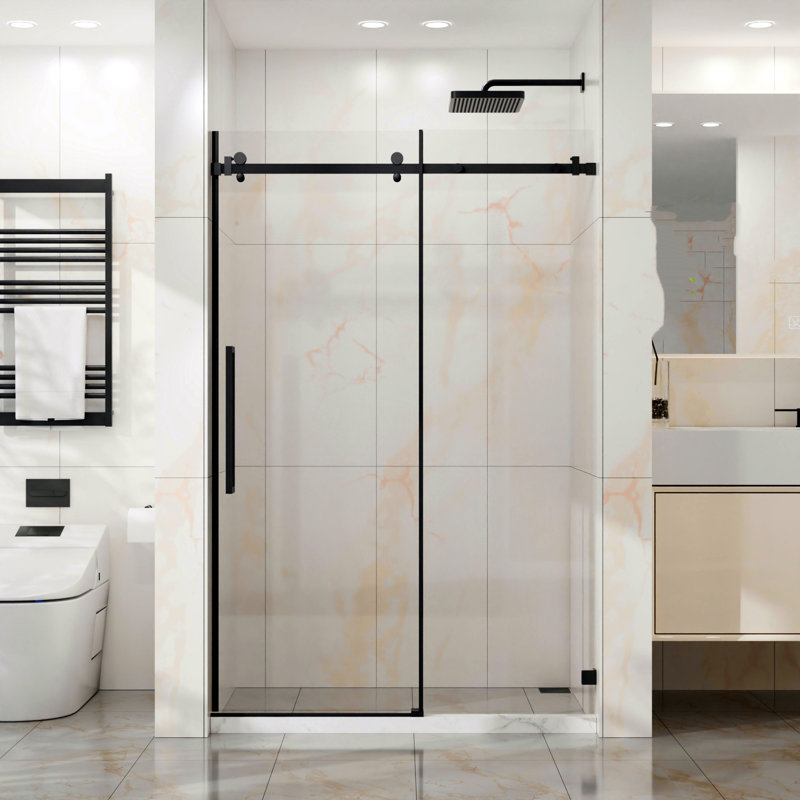 48-Inch Wide X 72-Inch Tall Sliding Shower Door, Frameless Smooth Glass Shower Door, 1/4-Inch Thick Tempered Clear Glass, Matte Black