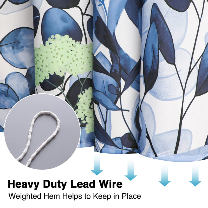 Bathroom Shower Curtain with 12 Hooks, Blue Floral 1