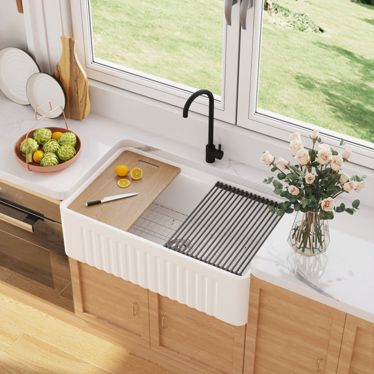 Deervalley 33 L X 20 W Single Basin Workstation Farmhouse Kitchen Sink  With Sink Grid, Cutting Board And Dish-Drying Rack & Reviews