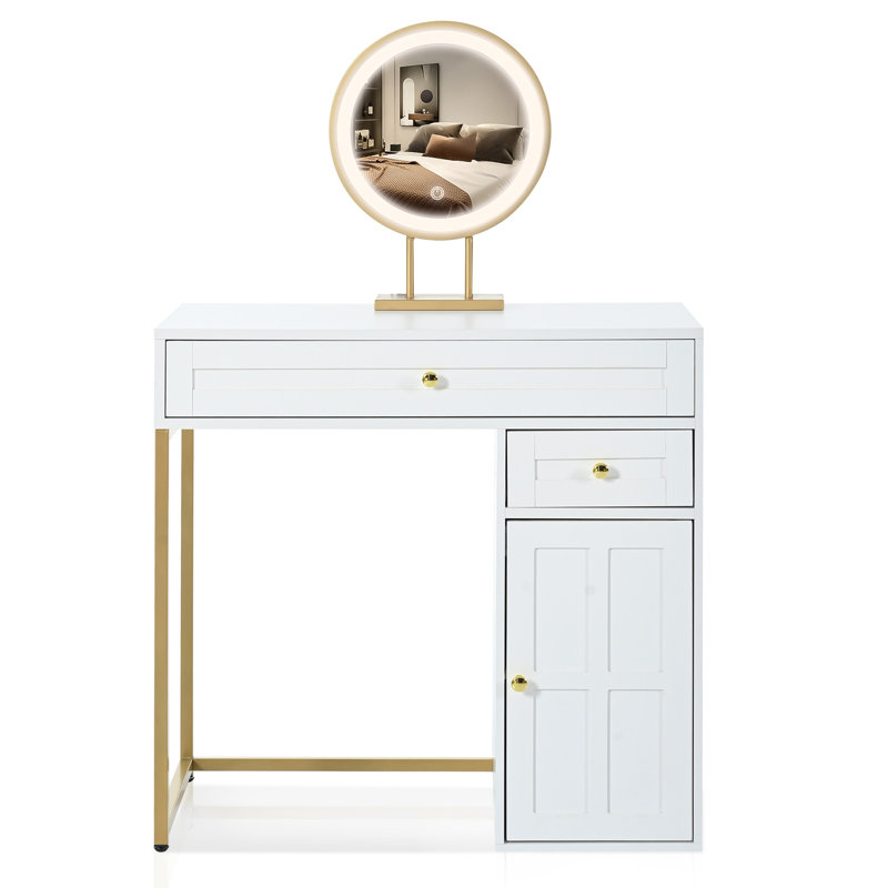 Meuble-lavabo de 31,5 po avec miroir éclairé, coiffeuse de luxe avec 2 tiroirs et 1 armoire, 3 modes d'éclairage disponibles pour la chambre à coucher