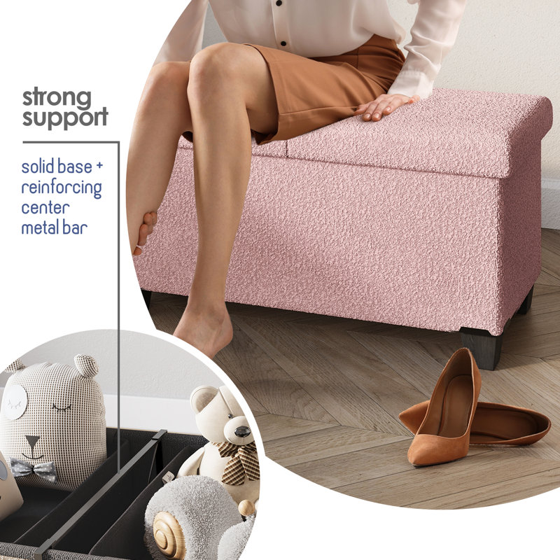 Banc de rangement avec repose-pieds Vérrant Boucle, Rose, H 15 po x l 43 po x P 15 po