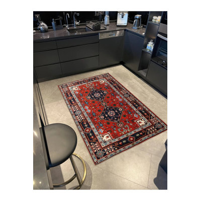Modern Woven Base And Decorative Carpet With Geometric Patterns In Baklava Red Tones