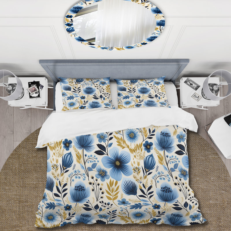 Ensemble de housse de couette Nordic Yellow Blue Garden Dreams II - Floral, Housse de couette pour très grand lit et 2 très
