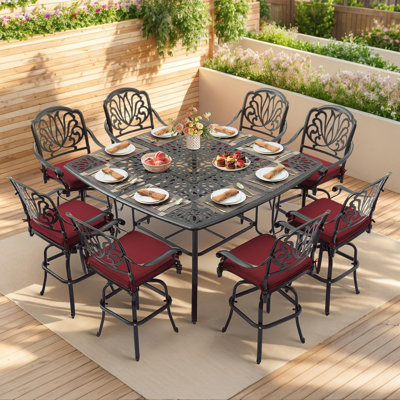 9-piece Outdoor High Patio Dining Set, Free-rust Cast Aluminum Patio Bar Table And Chairs Set With 8 Swivel Bar Stools & 63.98" Bar Height Dining Table, Umbrella Hole For Backyard, Lawn, Garden