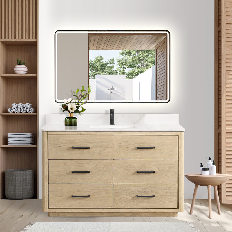 Porto 55'' Free Standing Single Bathroom Vanity with Quartz Top, Natural, Matte Black
