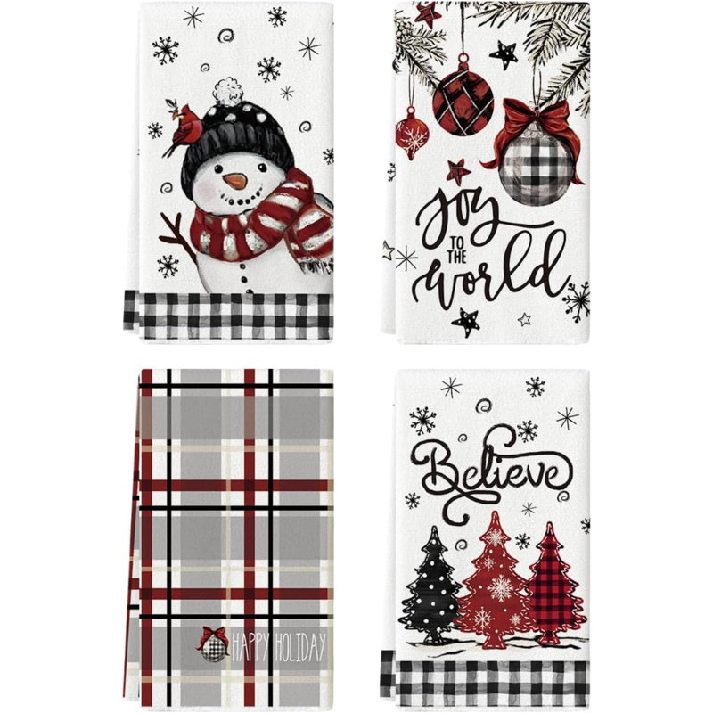 Xmas Tree Snowman Christmas Kitchen Towels Dish Towels Holiday Believe Bird Winter Decoration Hand Towels Set Of 4