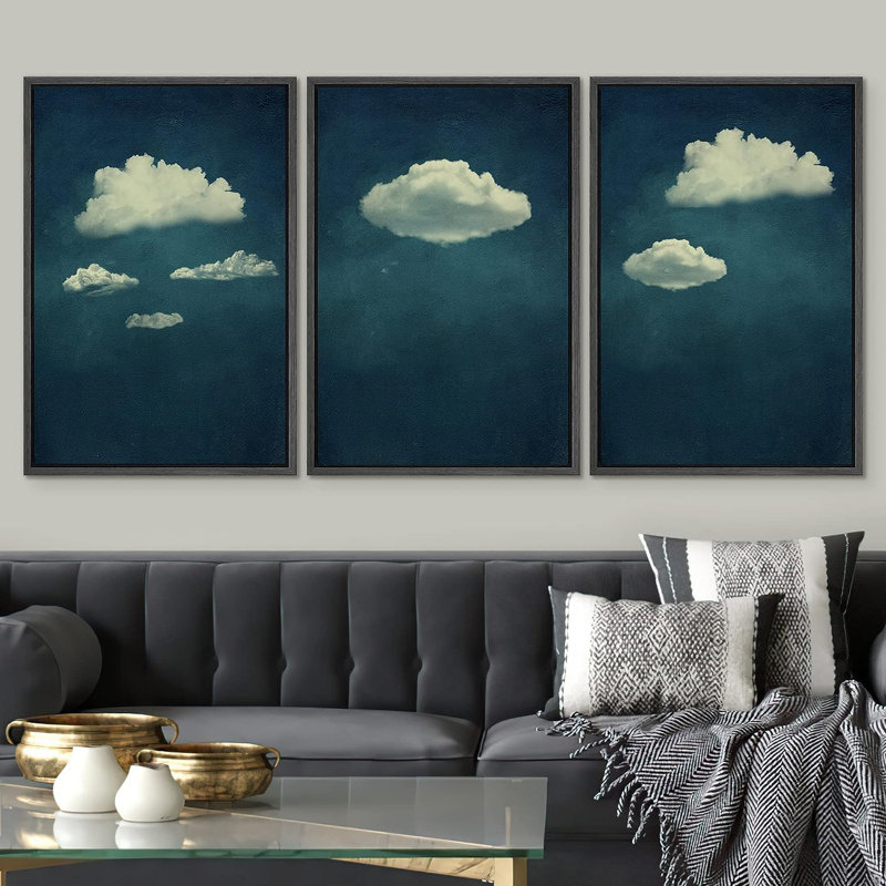 «A Series of White Clouds In The Blue Sky Nature Wilderness», reproduction d'art encadrée sur toile, 3 pièces, Cadre noir