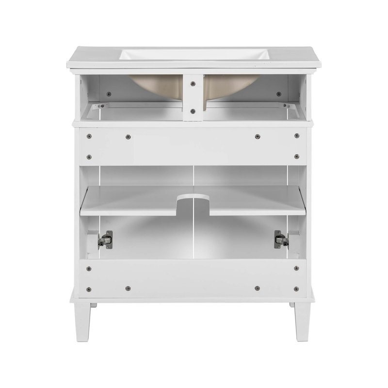 Meuble-lavabo de 30 po avec lavabo en céramique, porte à fermeture douce et tablettes réglables, Blanc