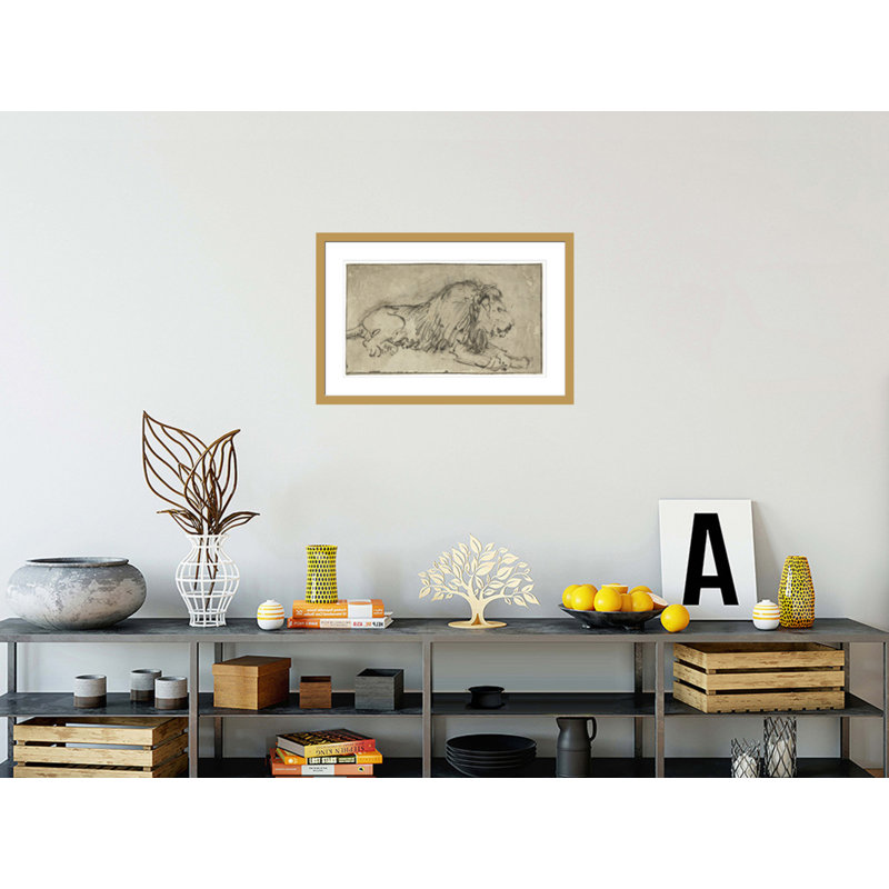 «Lion reposing» par Rembrandt van Rijn - Estampe numérique encadrée, H 19,57 po x l 29,5 po