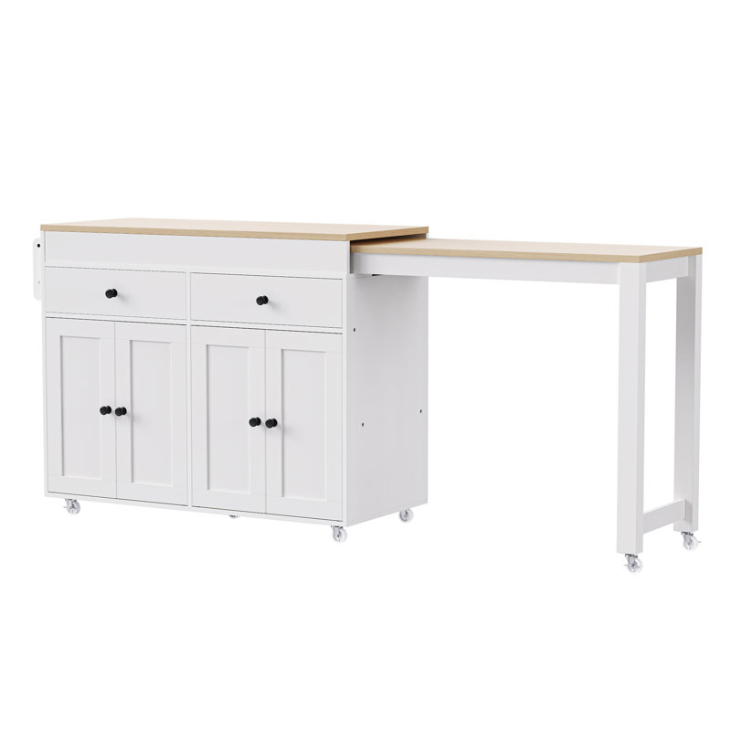 Îlot de cuisine 74,5 pouces avec table de salle à manger extensible (sans tabourets), Blanc cassé