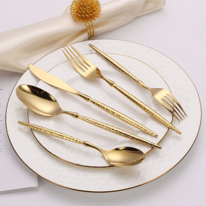 20 Pc Flatware Set with Hammered Handles, Gold