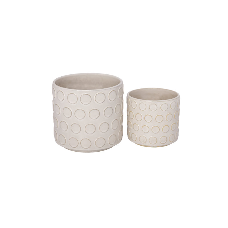 Ceramic Round Planter with Bubble Line Pattern Design Body Set Of Two  Gloss Finish Reactive White..8.00"x8.00"x7.00"H; 6.00"x6.00"x6.50"H