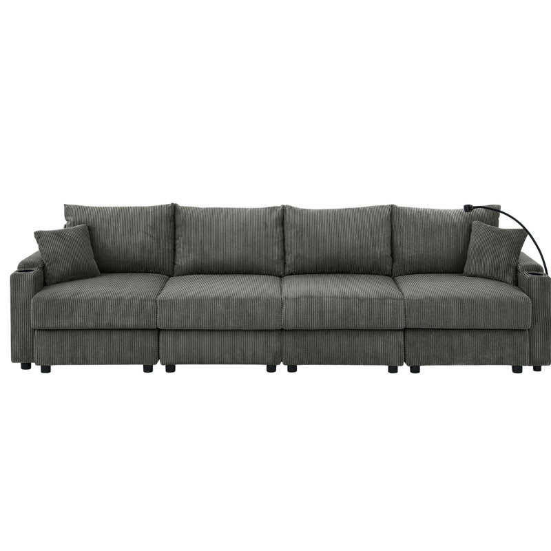 Moderne 4 sièges avec rangement, velours côtelé beige, siège profond de 22,5 po, support pour le corps, ports de charge pour support de téléphone de salon,