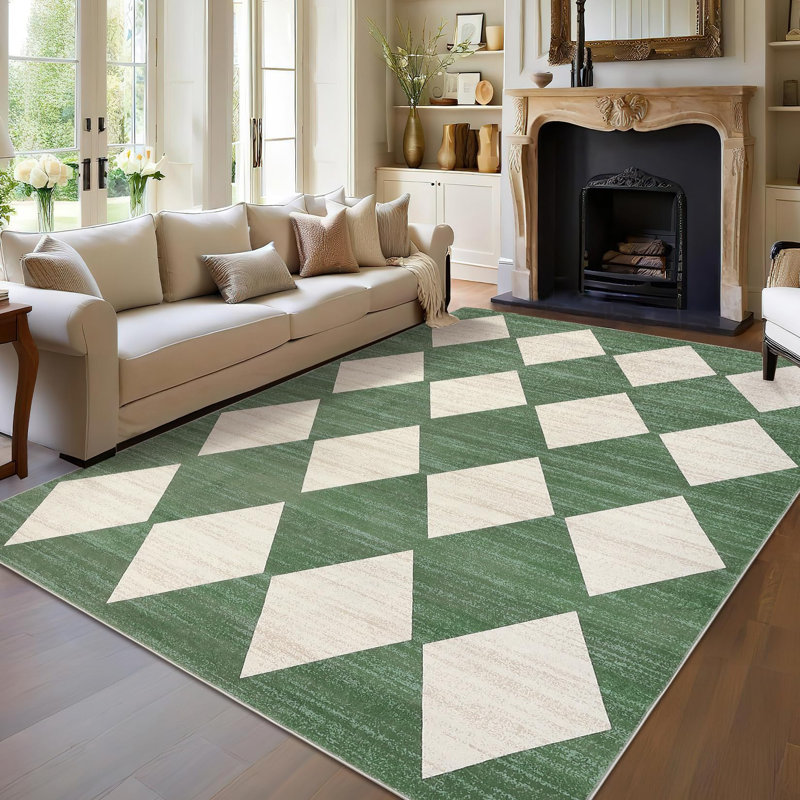 Washable Rug Modern Checkered Rugs Lattice Distressed Minimalist Aesthetic Rugs for Bedroom Laundry Farmhouse, Green