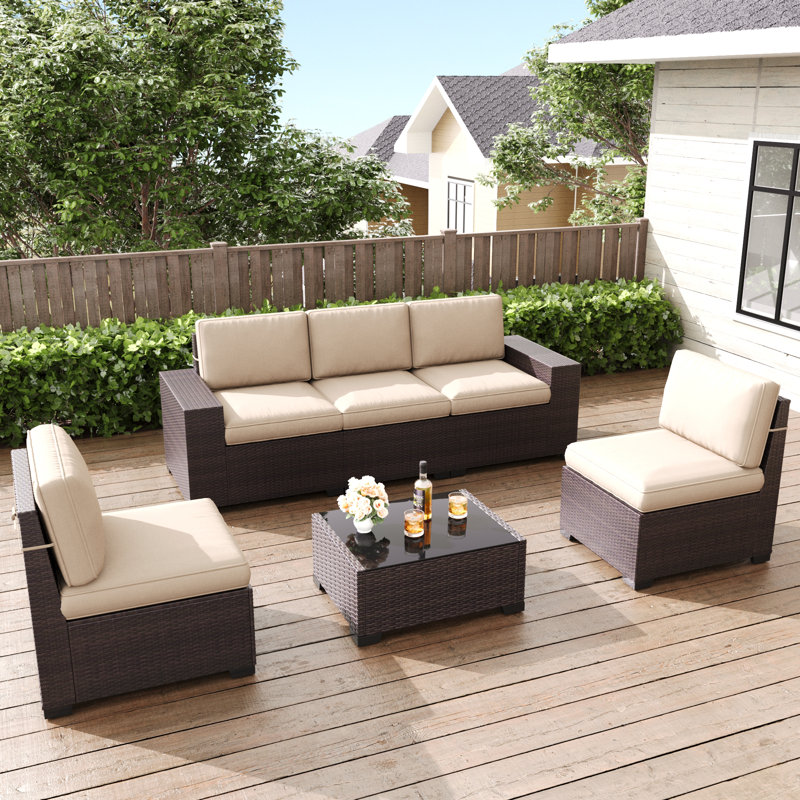 6 Pieces Patio Furniture Set, Modular Sectional Outdoor Conversation Sofa Set, Beige, Brown