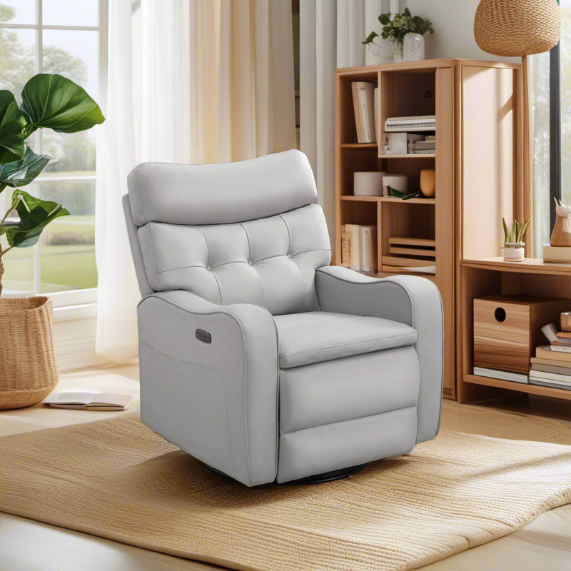  Myah 36.6''W Modern Faux Leather Power Recliner Chair With Swivel and Rocker, USB Port and Type-C Port , Gray