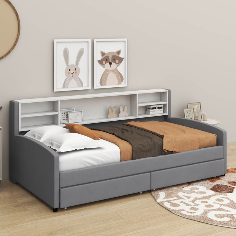 Lit plateforme simple tapissier avec tiroirs, Gris