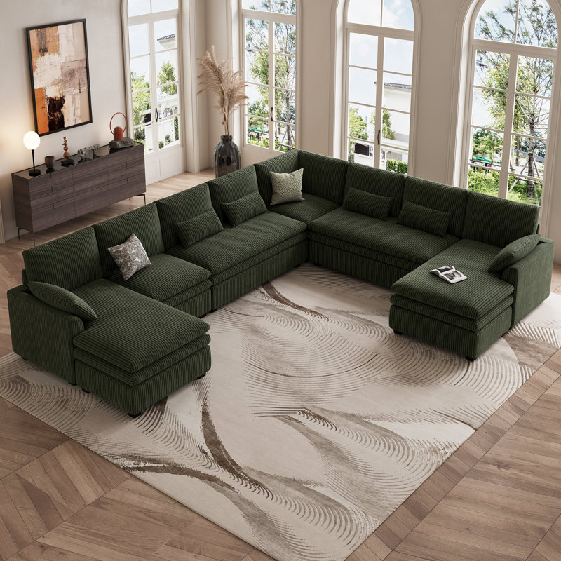 Manuel Oversized 163.2'' Corduroy U Shaped Sofa Livingroom Couch, Green Corduroy