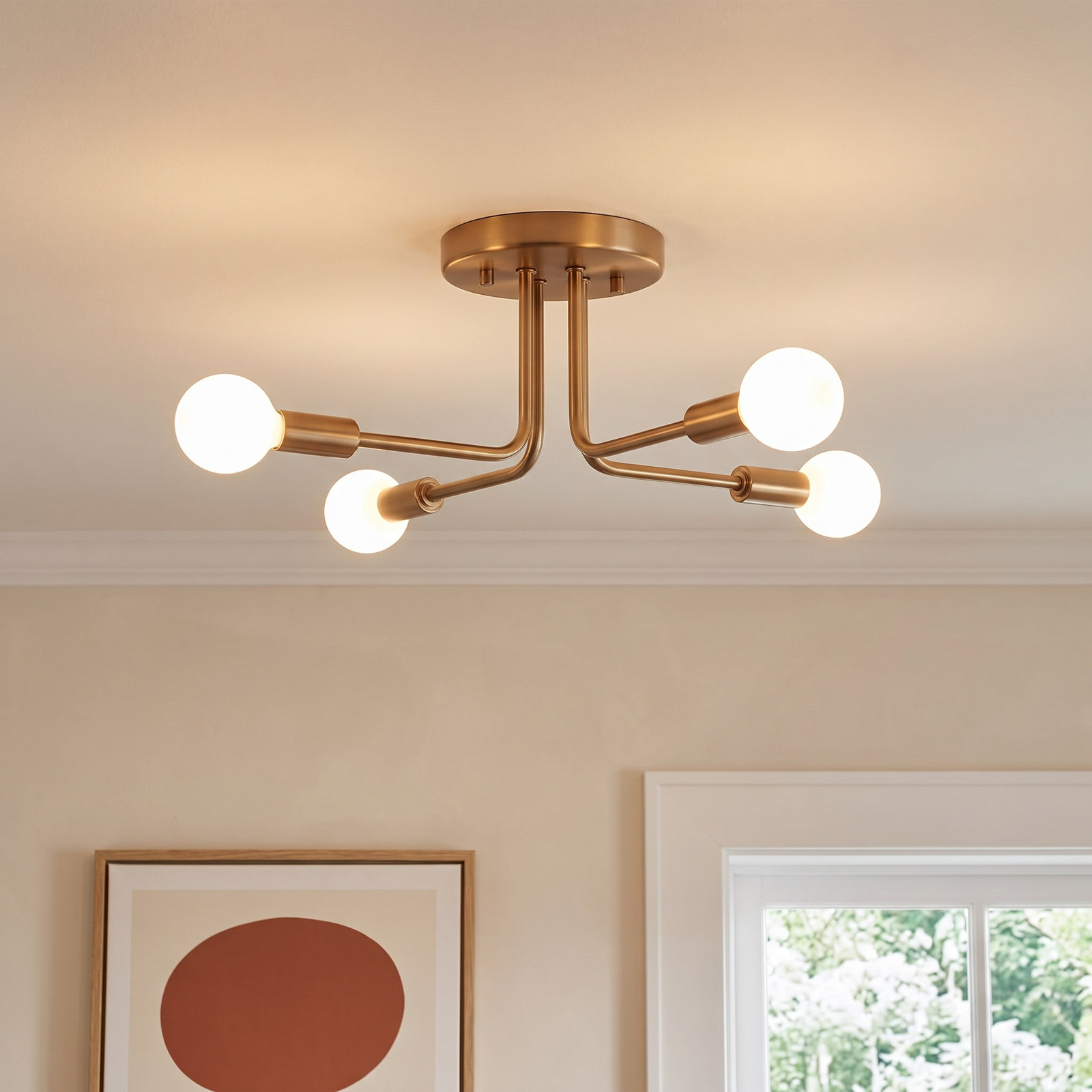 Nealey 4 Light Glass Semi Flush Mount, Satin Brass