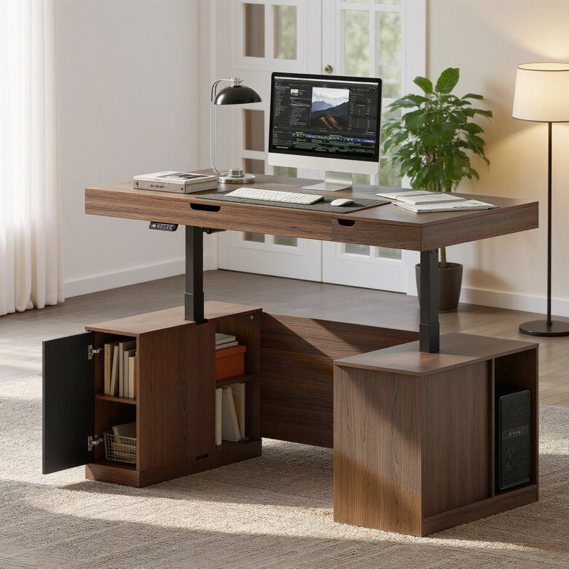 63"W  Electric Height Adjustable Executive Office Desk With Soft-Close Storage,Cabinet & 3 Drawers, Charging Station & Privacy Panel, Convertible Leisure Table For Home Office