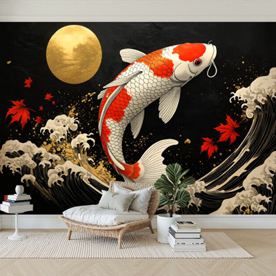 Peel and Stick Wallpaper 96" W x 69" H Modern Self Adhesive Wall Mural for Bedroom Fish Swimming Waves Autumn Leaves Golden Moon Moonlight Watercolor