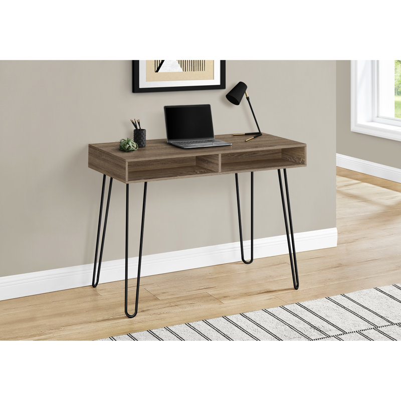 Bureau d'ordinateur à usage professionnel, stratifié brun taupe, pieds en métal robustes avec rangement pour papier, structure des pieds