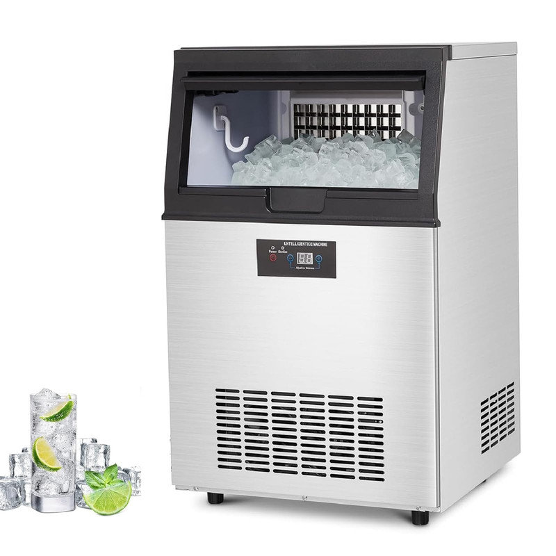 Machine à glaçons autoportante commerciale - 90 lb / 24 heures, 30 lb de rangement, sous le comptoir en acier inoxydable