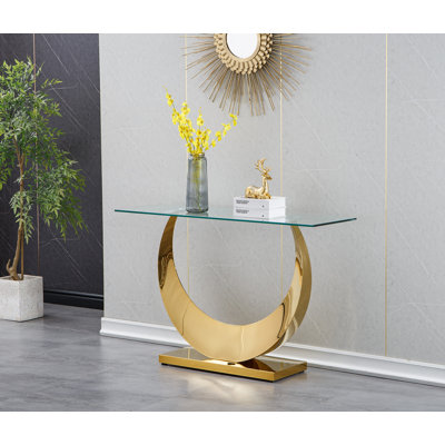 Modern 47.25" Glass Entryway Console Table with Moon-Shaped Stainless Steel Pedestal Base, Long Narrow Sofa Table Behind Couch Hallway Table for Entryway, Living Room, Foyer