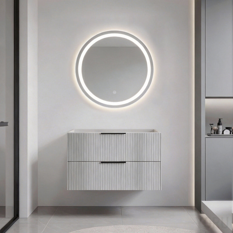 Meuble-lavabo 36 po avec lavabo en céramique - Meuble-lavabo mural flottant cannelé gris avec tiroirs, moderne