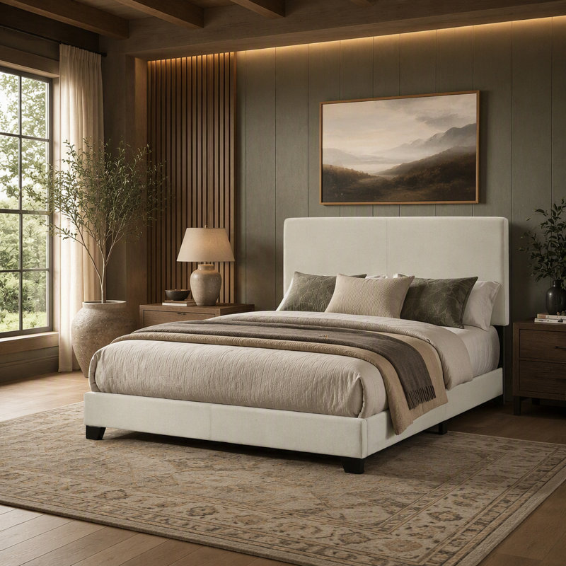 Grand lit tapissier Efram crème avec tête de lit rembourrée et design minimaliste moderne, parfait pour les chambres contemporaines