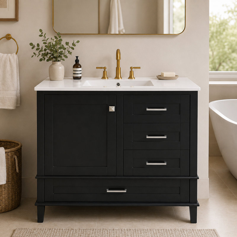 Meuble-lavabo de 36 pouces avec lavabo en céramique, armoire de salle de bain moderne avec cadre en bois massif et panneaux de fibres à densité moyenne, porte à fermeture douce et 3 tiroirs, meuble-lavabo avec tiroir divisé, tablettes doubles et poignées en alliage de zinc