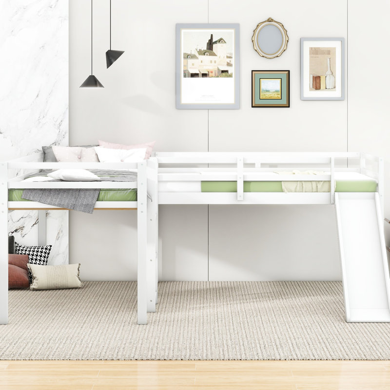 Lit mezzanine simple en L blanc avec glissade, Blanc