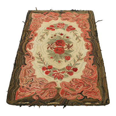 Rug & Kilim Antique Hooked Rug In Cream & Pink With Colorful Floral Medallion | In Brown;red;beige;pink;white;cream