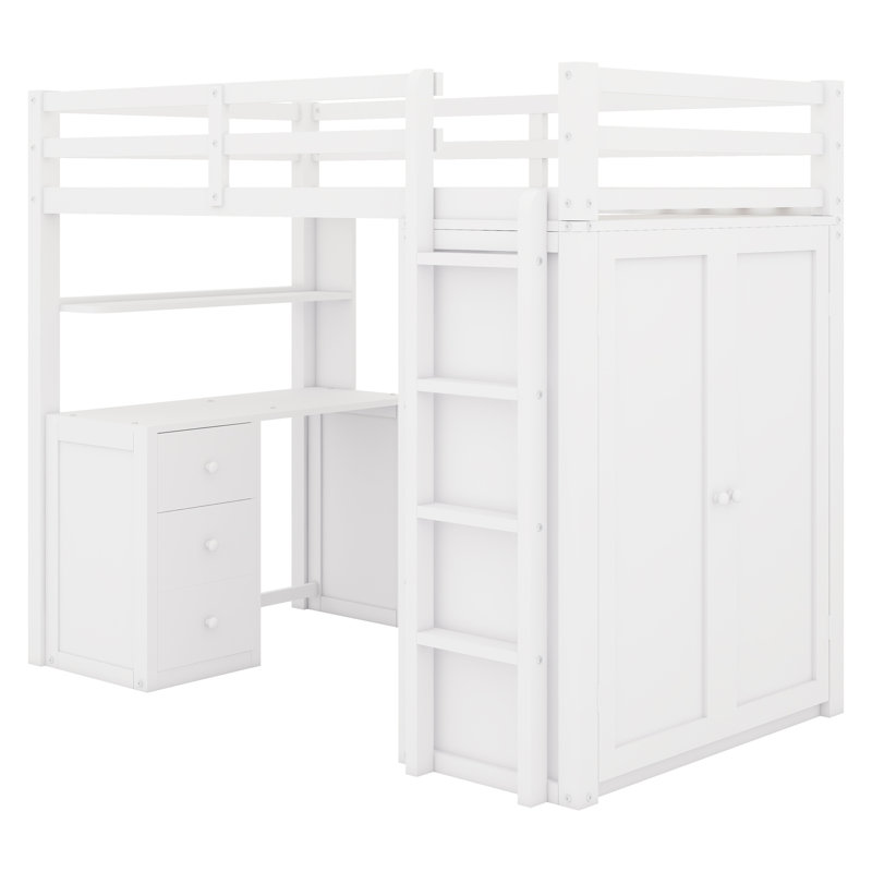 Lit mezzanine avec tiroirs, bureau et garde-robe, Blanc