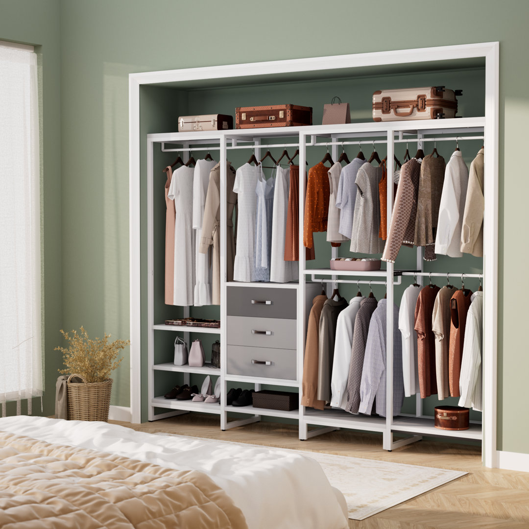 Piera 58'' - 74'' W Closet System with Coat Rack, 3 Wood Drawers, 11 Shelves and Shoe Rack 17 Stories 