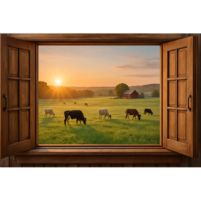 Pâturages au coucher du soleil - vue encadrée de bovins brouteurs, H 24 po x l 36 po
